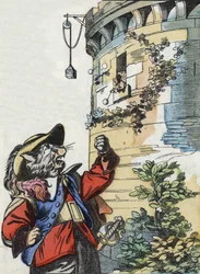 Illustration af fortællingen "Den frygtelige Raminagrobis og musene""" tegner fabler af Jean de la Fontaine. I “”Fortællinger fra hjemmet for de mindste””. Anonym gravering af det 19. århundrede.