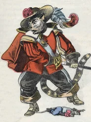 Illustration af fortællingen "Den frygtelige Raminagrobis og musene""" tegner fabler af Jean de la Fontaine. I “”Fortællinger fra hjemmet for de mindste””. Anonym gravering af det 19. århundrede.