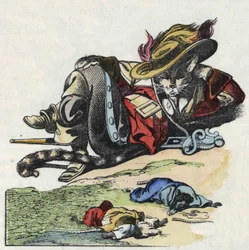 Illustration af fortællingen "Den frygtelige Raminagrobis og musene""" tegner fabler af Jean de la Fontaine. I “”Fortællinger fra hjemmet for de mindste””. Anonym gravering af det 19. århundrede.