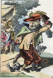Illustration af fortællingen "Den frygtelige Raminagrobis og musene""" tegner fabler af Jean de la Fontaine. I “”Fortællinger fra hjemmet for de mindste””. Anonym gravering af det 19. århundrede.