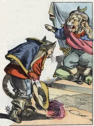 Illustration af fortællingen "Den frygtelige Raminagrobis og musene""" tegner fabler af Jean de la Fontaine. I “”Fortællinger fra hjemmet for de mindste””. Anonym gravering af det 19. århundrede.