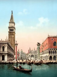 Illustration, der repræsenterer Markuspladsen i Venedig. Fotokrom fra slutningen af 1800-tallet.