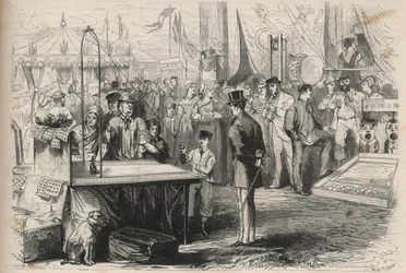 Kejserprins Eugene Louis Joseph (1856-1879) ved festen i Fontainebleau. Han forsøger at dekoificere en marionet ved hjælp af en bold, der hænger i en snor. Indgravering i "The Universe illustrious"