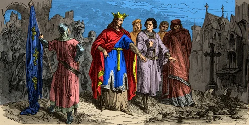 I 1186 beordrede Philippe Auguste (1165-1223) at brolægge gaderne i Paris, gravering 1800-tallet