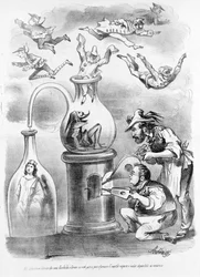 I associerede Garibaldi e Cavours alkymi-laboratorium ser vi gradvist sprede den unødvendige damp (repræsenteret ved maskerne i de italienske regioner) og forblive substansen (Italien) karikatur af den satiriske avis Il Fischietto