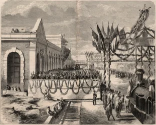 Indvielse af jernbanen fra Toulouse til Sete i 1857. Indgravering i "Le Monde illustrious"" fra 1857. Privat samling.