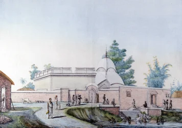 Indisk kultur og civilisation: Bad i floden Hooghly i Calcutta (eller Kolkata), Indien. Indgravering 1808.