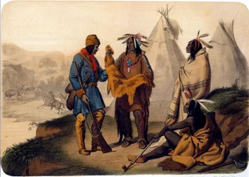 Indians of America: en fangstmand, der bytter med røde skind, de udveksler roe-skind, en af indianerne ryger en blæksprutte. 1800-tals litografi La Rochelle, Musee du Nouveau Monde
