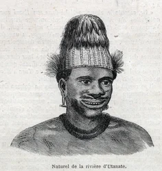Indfødte folk i New Guinea (New Guinea): naturligt i Utamate-floden. Indgravering i "The Illustrous Universe"