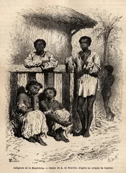 Indfødte folk i Magdalena (floderne), i gaderne i byen Mompox (Colombia). Gravering til illustration af rejsen til New Granada, af Dr. Saffray, i 1869, udgivet i "" Le tour du monde""" 1872, redigeret af Edouard Charton, udgave Hachette,