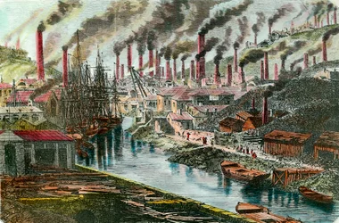 Den industrielle revolution: oversigt over hr. Vivians kobberfabrik i Swansea, Wales. Gravering fra det 19. århundrede. Privat samling.