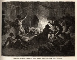 Inde i en Caribou Inn (Canada), ved midnat, synger berusede fangere og minearbejdere, og falder så til jorden eller falder i søvn i et tæppe. Gravering til illustration af rejsen fra Atlanterhavet til Stillehavet (route du nord ouest par les terres), i 186