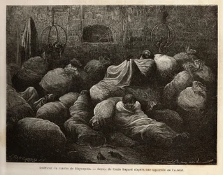 Inde i en rancho i Maynapata (Nedre Peru), overrasket af en snestorm, søger rejsende tilflugt i et mudderhytte og hviler sig og varmer sig midt i kartoffel- og majsposer. Gravering til illustration af rejsen i Quinquinas dale (Peru), af Pa