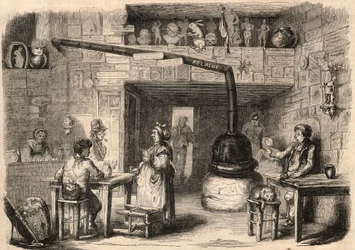 Inde i kabareten le Lapin Blanc (Kanin-Blanc), rue aux feves i Paris før dens nedrivning. Et værtshus, der går tilbage til monarkiets første tid. Indgravering I "" Le Monde illustrious"" fra 1862. Privat samling.