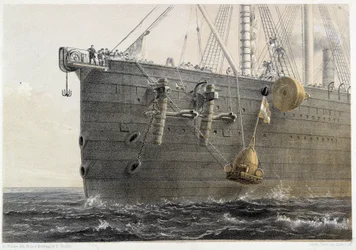 Installation af undersøisk kabel i 1858 (landemærkebøje) - i W. H. Russels "The Atlantic Telegraph", omkring 1860