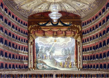 Interiør af Theatre de la Scala i Milano. Indgravering før 1850.