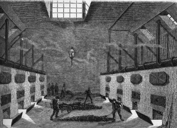 Indvendigt billede af en gasfabrik. Stik fra 1860-1861.