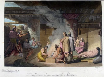 Indvendigt billede af et hus i Nutka, Rusland. I "" Den gamle og moderne dragt"" 1819-1820, af Ferrario.