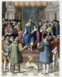 Interview med Francois 1st (1494 - 1547) og Henry VIII (1491 - 1547) af England. Indgravering af det 19. århundrede.