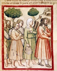 Isaac og hans familie, der lider af hungersnød, emigrerer til kong Abimelechs lande Miniature fra codex 212 (eller padovano codice eller Bible of Padua) 1390-1400 Rovigo, Accademia dei Concordi