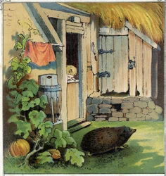 Jacques observerer en herisson, der krydser gården til sit hus. Kromolitografi fra "" Scenes enfantines "", red. Guerin - Muller omkring 1885.