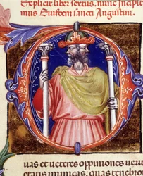 Janus, romersk guddom, to modsatte ansigter - fra et manuskript af "De civitate dei" af Saint Augustin, begyndelsen af det 15. århundrede. Kommunal Bibl. af Rimini.