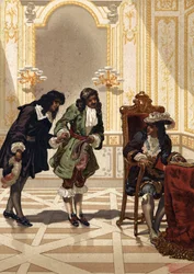 Jean Baptiste (Jean-Baptiste) Colbert (1619-1683) præsenterer Jean Dominique Cassini (1625-1712), fransk astronom. efter “La Ciencia y sus Hombres af Louis Figuier”. Barcelona 1881