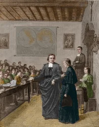 Jean Baptiste De La Salle (Jean-Baptiste) (1651-1719) fransk religiøs, grundlægger af kongregationen af brødrene til de kristne skoler, viser en af sine skoler til M de La Chetardie. Stik fra slutningen af 1800-tallet.