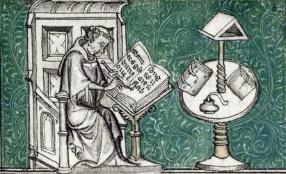 Jean de Meun komponerer romanen om rosen, ca. 1380 (miniature)