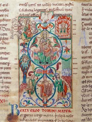 Jesse træ omgiver symboler på jomfruelighed Jomfruen er designet af navnet byzantinsk af Theotokos. Miniature taget fra "Lectiaire de Citeaux"" Dijon fra det 12. århundrede, kommunalt bibliotek