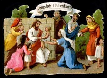 Jesus Kristus velsigner børn. 1800-tallets kromolitografi.