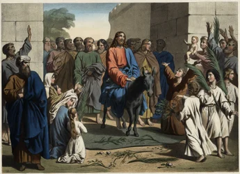 Jesu triumferende indtog i den hellige by Jerusalem. Anonym stik fra midten af 1800-tallet.