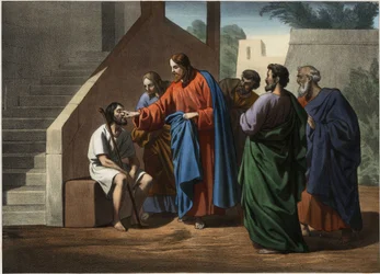 Jesus kriger manden født blind. Anonym stik fra midten af 1800-tallet.