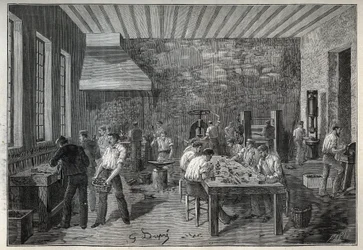 Smykker: stålsmykkefabrik. Indgravering fra 1885 i "" Les arts et metiers illustres"" af Adolphe BITARD.