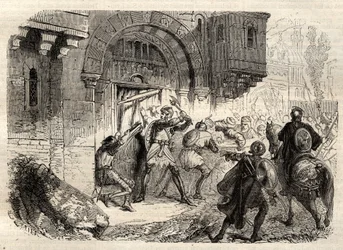 John II Comnenus, byzantinsk kejser - Kejseren John II Comnene (1087-1143) i spidsen for grækerne, der kørte døren til sit palads i Konstantinopel - indgravering i "" Illustrous Popular Dictionary"" - 1864 - af Joseph Decembre og Edmond Allonier -