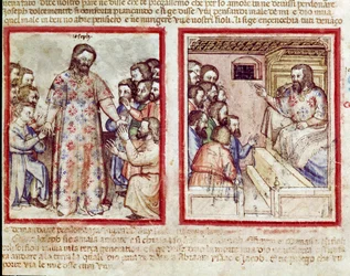 Joseph alvorligt syg i en alder af 110 tilgiver sine brødre, der lægger sig ned for ham Miniature fra codex 212 (eller padovano codice eller Bible of Padua) 1390-1400 Rovigo, Accademia dei Concordi