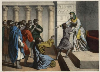Patriarken Josef, kaldet Vizir af Egypten, bliver anerkendt af sine brødre, der fik ham til at tro på sin død og bede om tilgivelse. Anonym gravering af det 19. århundrede.