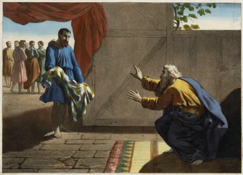 Josefs blodige tunika blev præsenteret for Jakob. Josefs jaloux brødre, der opgav at dræbe ham, får deres far Jakob til at tro på hans død ved at præsentere Josefs frakke dækket med fåreblod. Anonym stik fra midten af 1800-tallet.