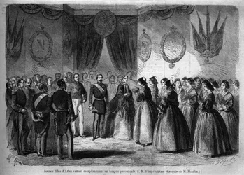 Kejser Napoleon III (1808-1873) og hans hustru Eugenie de Montijo (1826-1920) rejse til hertugen af Savoyen efter annekteringen af greven af Savoyen (Marts Torino-traktaten): her møder det kejserlige par, der besøger Arles, unge piger fra regionen. Engr