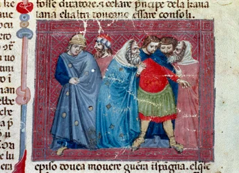 Jules Cesar (101-44 f.Kr.) på tronen Detalje af en manuskriptside "" Facts of the Romans"" (Ms 1538, fol 1v) omkring 1340 Firenze, Biblioteca Riccardiana