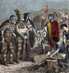 Julianske og frankiske høvdinge - Møde mellem kejser Julian og Franco høvdinge - (Flavius Claudius Julianus (331-363), kaldet Julian den Frafaldne, også kaldet Filosoffen Julian eller Julian II eller Kejseren Julian) - gravering fra slutningen af det 19.