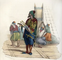 Khayr al-Din (d. 1476-1546), også kendt som Barberossa II, var en tyrkisk kaper. Grundlægger af staten Algier i det 16. århundrede. i "Ancient and Modern Algeria""" af Léon Galibert. Italiensk udgave i 1846 farve.