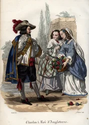 Kong Charles I af England (Charles I Stuart) (1600-1649) forfører unge kvinder. Indgravering fra 1842 i "Histoire des popes"" af Maurice Lachatre. Privat samling.