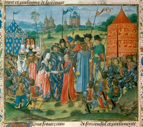 Kong Charles VI (1368-1422) overgav sin datter Isabella af Frankrig (1389-1409) til Richard II (1367-1400) konge af England før forsamlingen af franske og engelske Lords Miniature fra "Chronicles" af Jean Froissart (1337- 1400) 1400-tallets Paris. B.N.