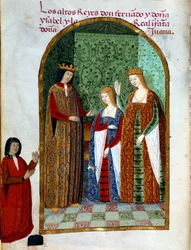 Kong Ferdinand II, konge af Aragon og Sicilien (1452 - 1516), Joan, dronning af Castilla (1479 - 1555) og Isabella I af Castilla (også kendt som den katolske), dronning af Spanien (1451 - 1504). Miniature i "" Andagt af Dronning Da Juana, som de kaldte den