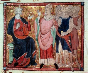 Kong Henrik 2. af England (1133-1189) modtager en biskop og soldater. Miniature fra et håndskrift fra det 15. århundrede. Paris, B.N.