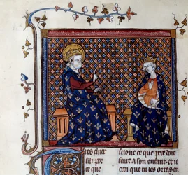 Kong Ludvig IX (1214-1270) underviser kongens mester til sin søn, den fremtidige Philip III Miniature fra et manuskript fra det 14. århundrede. Chantilly, Conde Museum