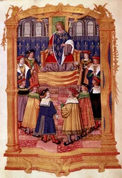 Kong Ludvig XI (1423-1483) og ridderne af Sankt Mikaelsordenen Miniature fra manuskriptet "" Statutter for Sankt Mikaelsordenen"" 1400-tallets Milano, Biblioteca Trivulziana