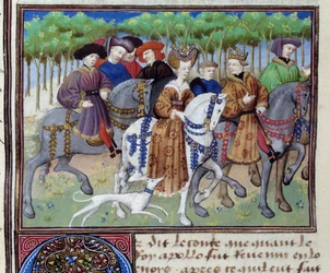 Konge og dronning går på jagt (Philip VI af Valois og Blanche af Navarra (?)) Miniature fra Le livre de la chasse"" af Gaston III Phoebus, greve af Foix, Lord of Bearn (1331-1391)