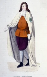 Ridder af Alcántaraordenen, en religiøs og militær orden grundlagt i 1156 under navnet San Julián del Pereiro-ordenen efter forbillede af tempelridderne for at bekæmpe maurerne. Stik fra det 19. århundrede, privatsamling, Milano.